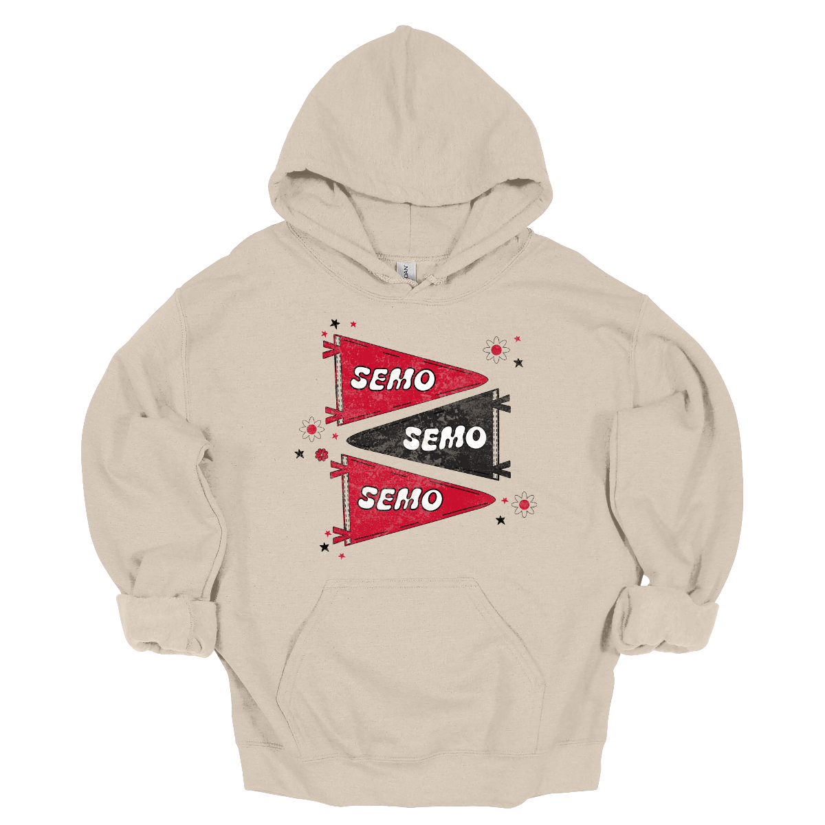 Show off your licensed Redhawk pride with this retro-inspired SEMO design! Featuring three vintage-style pennants alternating in bold red and black, the layout gives a dynamic, old-school vibe. Each pennant is accented with groovy bubble lettering spelling “SEMO” in a playful wave, adding  a fun twist to the classic look. Surrounding the pennants are a mix of retro red and black stars and flower motifs, bringing a nostalgic flair that feels both timeless and fresh. Shop at Gorgeousware.com!
