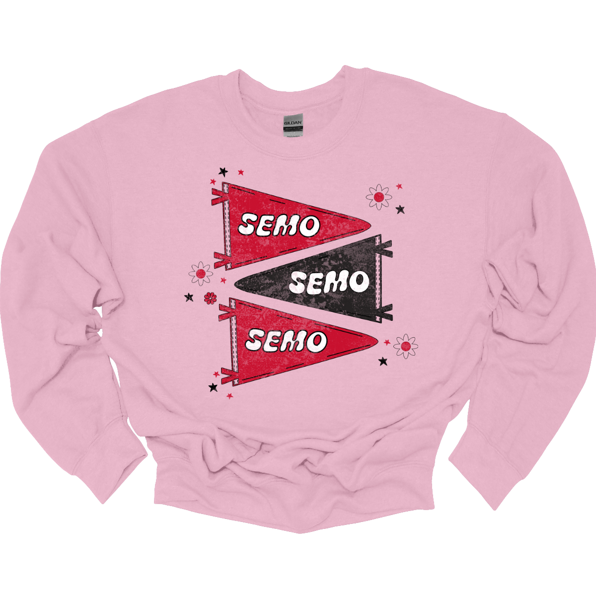 Show off your licensed Redhawk pride with this retro-inspired SEMO design! Featuring three vintage-style pennants alternating in bold red and black, the layout gives a dynamic, old-school vibe. Each pennant is accented with groovy bubble lettering spelling “SEMO” in a playful wave, adding  a fun twist to the classic look. Surrounding the pennants are a mix of retro red and black stars and flower motifs, bringing a nostalgic flair that feels both timeless and fresh. Shop at Gorgeousware.com!