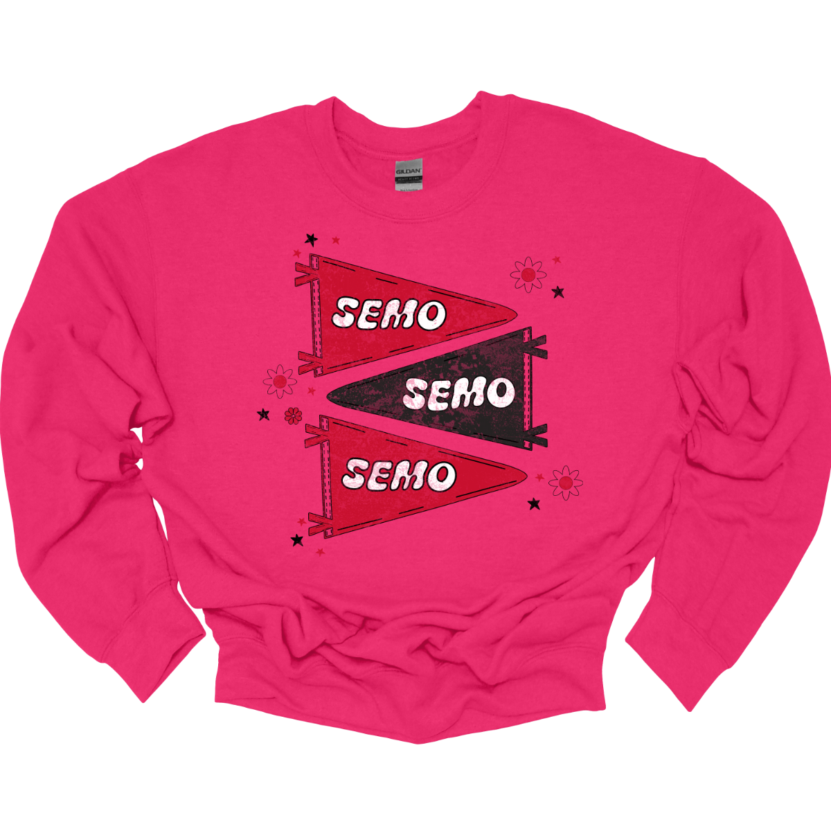 Show off your licensed Redhawk pride with this retro-inspired SEMO design! Featuring three vintage-style pennants alternating in bold red and black, the layout gives a dynamic, old-school vibe. Each pennant is accented with groovy bubble lettering spelling “SEMO” in a playful wave, adding  a fun twist to the classic look. Surrounding the pennants are a mix of retro red and black stars and flower motifs, bringing a nostalgic flair that feels both timeless and fresh. Shop at Gorgeousware.com!