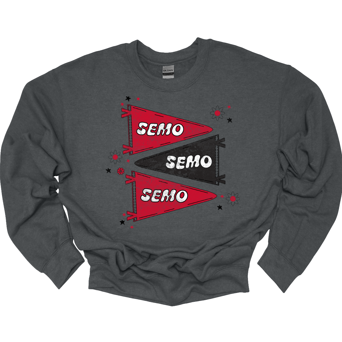 Show off your licensed Redhawk pride with this retro-inspired SEMO design! Featuring three vintage-style pennants alternating in bold red and black, the layout gives a dynamic, old-school vibe. Each pennant is accented with groovy bubble lettering spelling “SEMO” in a playful wave, adding  a fun twist to the classic look. Surrounding the pennants are a mix of retro red and black stars and flower motifs, bringing a nostalgic flair that feels both timeless and fresh. Shop at Gorgeousware.com!