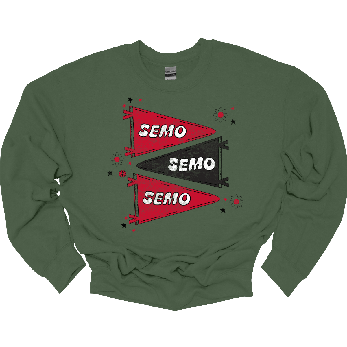 Show off your licensed Redhawk pride with this retro-inspired SEMO design! Featuring three vintage-style pennants alternating in bold red and black, the layout gives a dynamic, old-school vibe. Each pennant is accented with groovy bubble lettering spelling “SEMO” in a playful wave, adding  a fun twist to the classic look. Surrounding the pennants are a mix of retro red and black stars and flower motifs, bringing a nostalgic flair that feels both timeless and fresh. Shop at Gorgeousware.com!