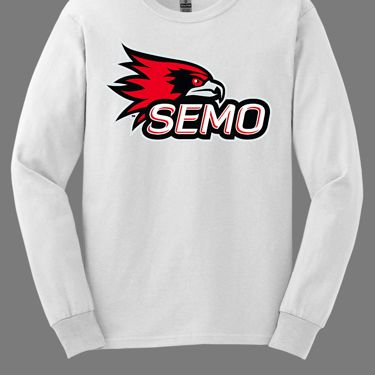 The apparel design for SEMO (Southeast Missouri State University) features the bold and iconic SEMO Redhawk logo prominently displayed across the chest or front. The Redhawk logo typically showcases a fierce red hawk in mid-flight or in a dynamic, stylized form, using shades of red, black, and white. Below this powerful symbol, the word "SEMO" is written in the university's signature font, often in all capital letters. Shop at Gorgeousware.com