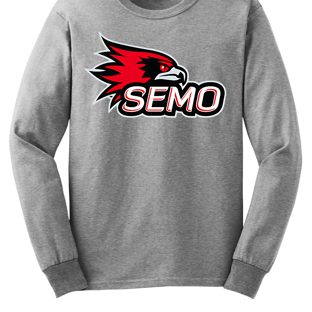 The apparel design for SEMO (Southeast Missouri State University) features the bold and iconic SEMO Redhawk logo prominently displayed across the chest or front. The Redhawk logo typically showcases a fierce red hawk in mid-flight or in a dynamic, stylized form, using shades of red, black, and white. Below this powerful symbol, the word "SEMO" is written in the university's signature font, often in all capital letters. Shop at Gorgeousware.com