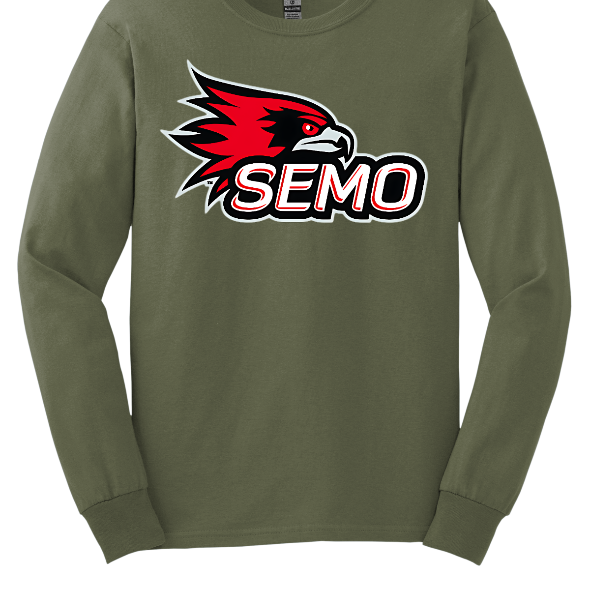 The apparel design for SEMO (Southeast Missouri State University) features the bold and iconic SEMO Redhawk logo prominently displayed across the chest or front. The Redhawk logo typically showcases a fierce red hawk in mid-flight or in a dynamic, stylized form, using shades of red, black, and white. Below this powerful symbol, the word "SEMO" is written in the university's signature font, often in all capital letters. Shop at Gorgeousware.com