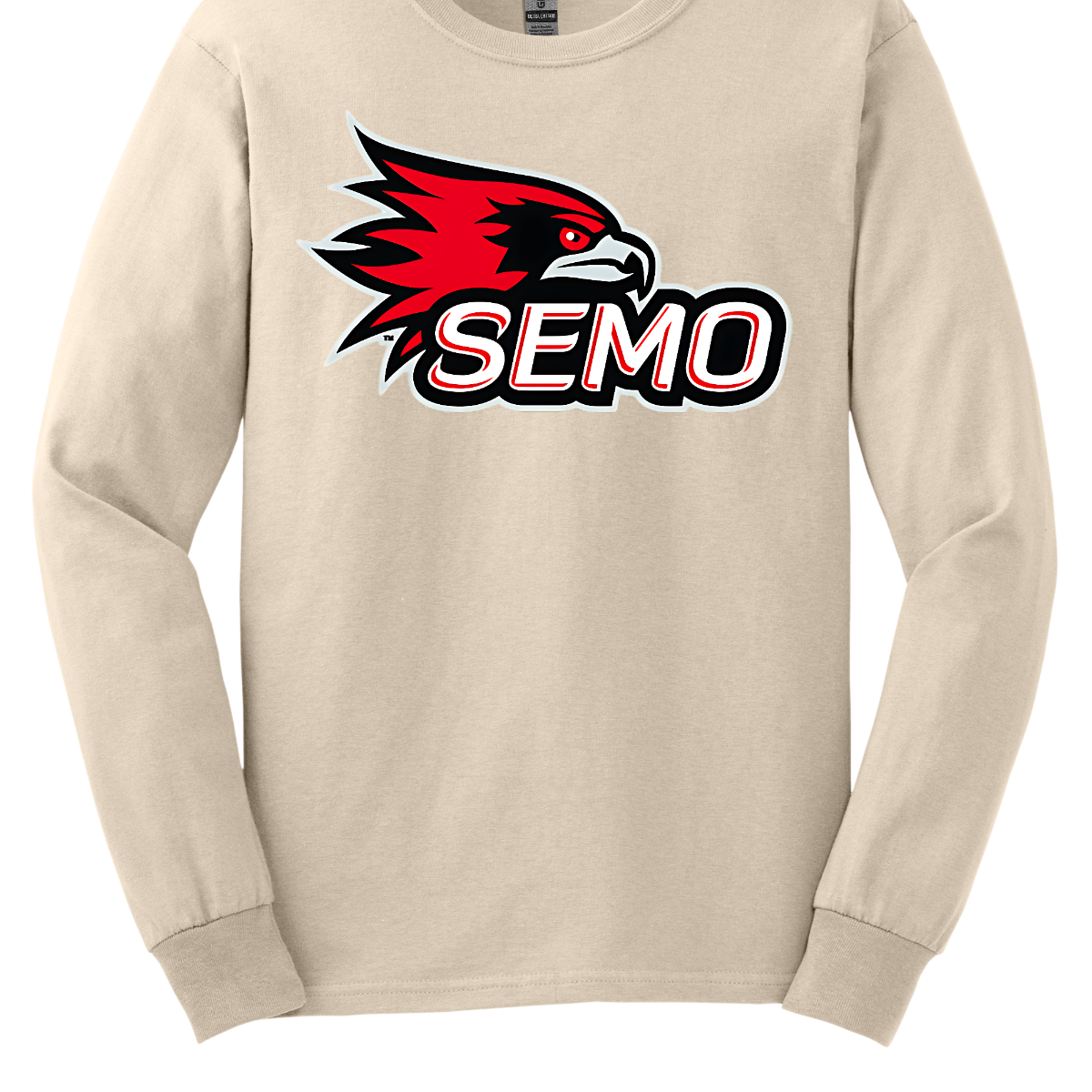 The apparel design for SEMO (Southeast Missouri State University) features the bold and iconic SEMO Redhawk logo prominently displayed across the chest or front. The Redhawk logo typically showcases a fierce red hawk in mid-flight or in a dynamic, stylized form, using shades of red, black, and white. Below this powerful symbol, the word "SEMO" is written in the university's signature font, often in all capital letters. Shop at Gorgeousware.com