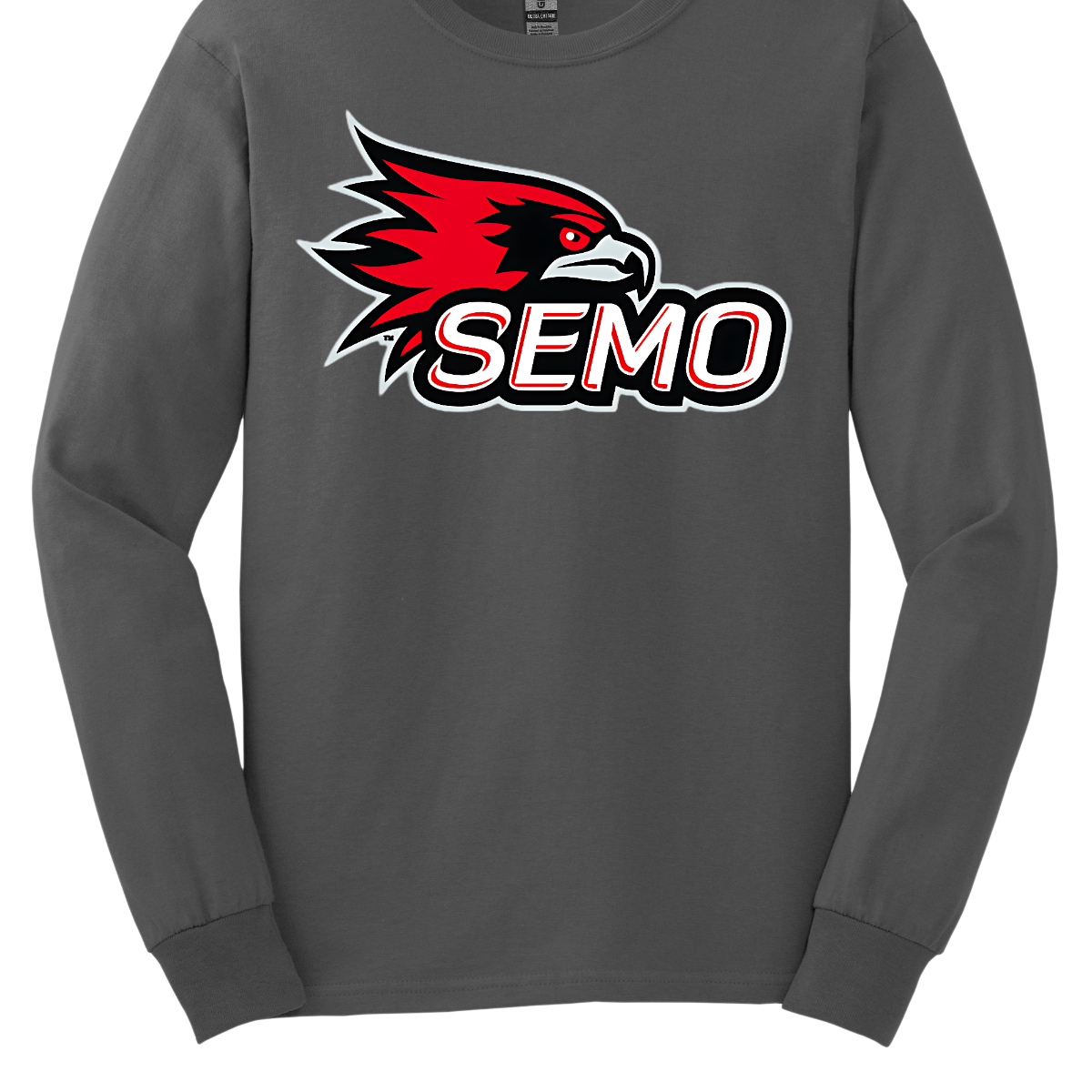 The apparel design for SEMO (Southeast Missouri State University) features the bold and iconic SEMO Redhawk logo prominently displayed across the chest or front. The Redhawk logo typically showcases a fierce red hawk in mid-flight or in a dynamic, stylized form, using shades of red, black, and white. Below this powerful symbol, the word "SEMO" is written in the university's signature font, often in all capital letters. Shop at Gorgeousware.com