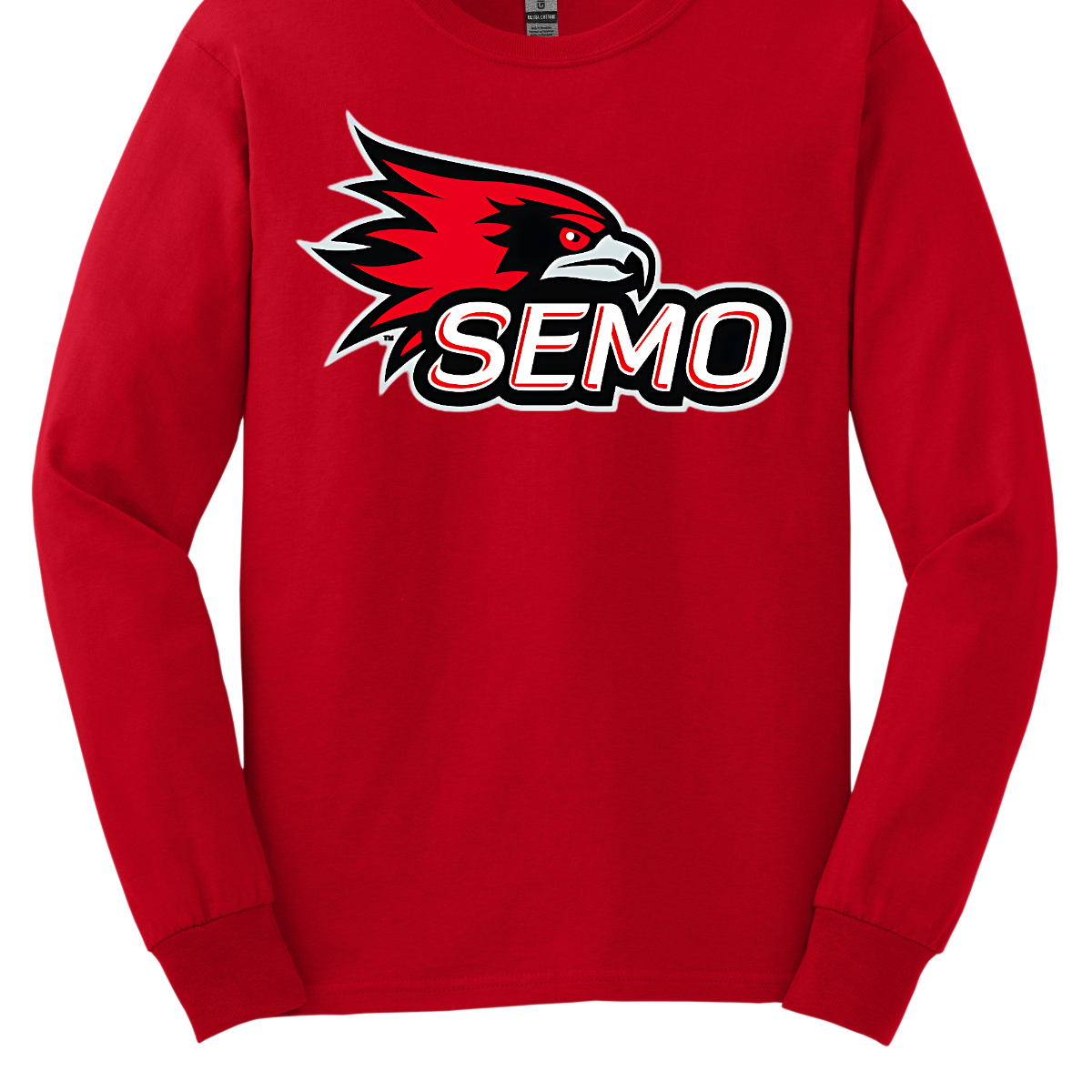 The apparel design for SEMO (Southeast Missouri State University) features the bold and iconic SEMO Redhawk logo prominently displayed across the chest or front. The Redhawk logo typically showcases a fierce red hawk in mid-flight or in a dynamic, stylized form, using shades of red, black, and white. Below this powerful symbol, the word "SEMO" is written in the university's signature font, often in all capital letters. Shop at Gorgeousware.com