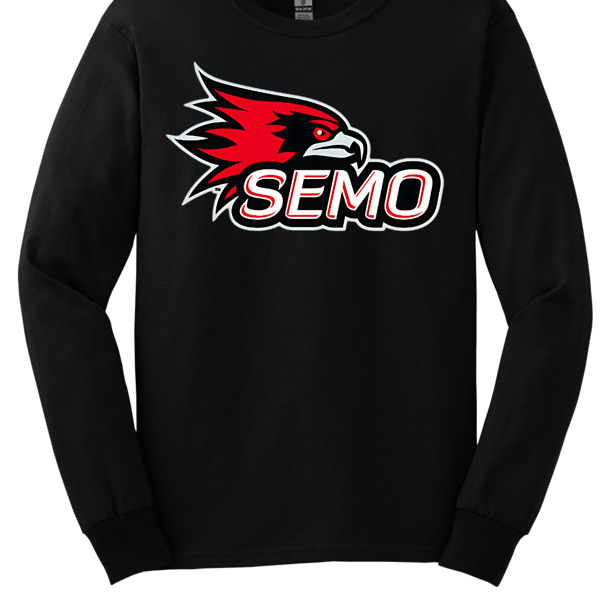 The apparel design for SEMO (Southeast Missouri State University) features the bold and iconic SEMO Redhawk logo prominently displayed across the chest or front. The Redhawk logo typically showcases a fierce red hawk in mid-flight or in a dynamic, stylized form, using shades of red, black, and white. Below this powerful symbol, the word "SEMO" is written in the university's signature font, often in all capital letters. Shop at Gorgeousware.com