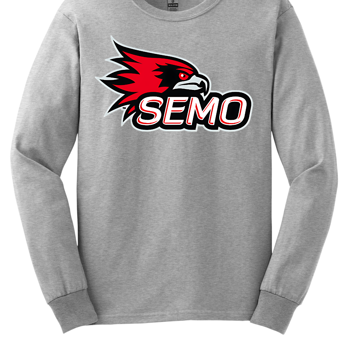 The apparel design for SEMO (Southeast Missouri State University) features the bold and iconic SEMO Redhawk logo prominently displayed across the chest or front. The Redhawk logo typically showcases a fierce red hawk in mid-flight or in a dynamic, stylized form, using shades of red, black, and white. Below this powerful symbol, the word "SEMO" is written in the university's signature font, often in all capital letters. Shop at Gorgeousware.com
