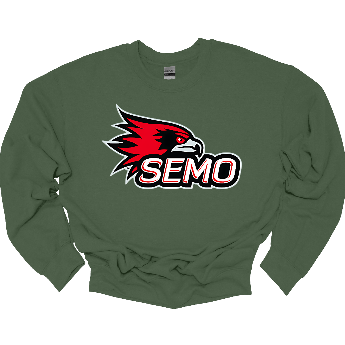 The apparel design for SEMO (Southeast Missouri State University) features the bold and iconic SEMO Redhawk logo prominently displayed across the chest or front. The Redhawk logo typically showcases a fierce red hawk in mid-flight or in a dynamic, stylized form, using shades of red, black, and white. Below this powerful symbol, the word "SEMO" is written in the university's signature font, often in all capital letters. Shop at Gorgeousware.com