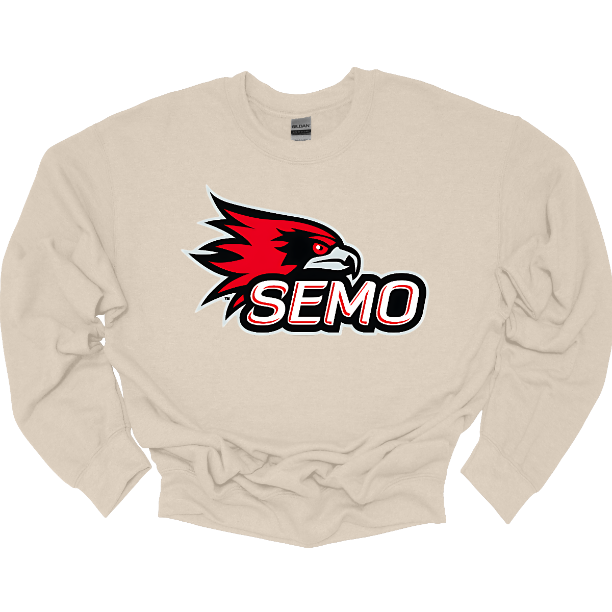 The apparel design for SEMO (Southeast Missouri State University) features the bold and iconic SEMO Redhawk logo prominently displayed across the chest or front. The Redhawk logo typically showcases a fierce red hawk in mid-flight or in a dynamic, stylized form, using shades of red, black, and white. Below this powerful symbol, the word "SEMO" is written in the university's signature font, often in all capital letters. Shop at Gorgeousware.com