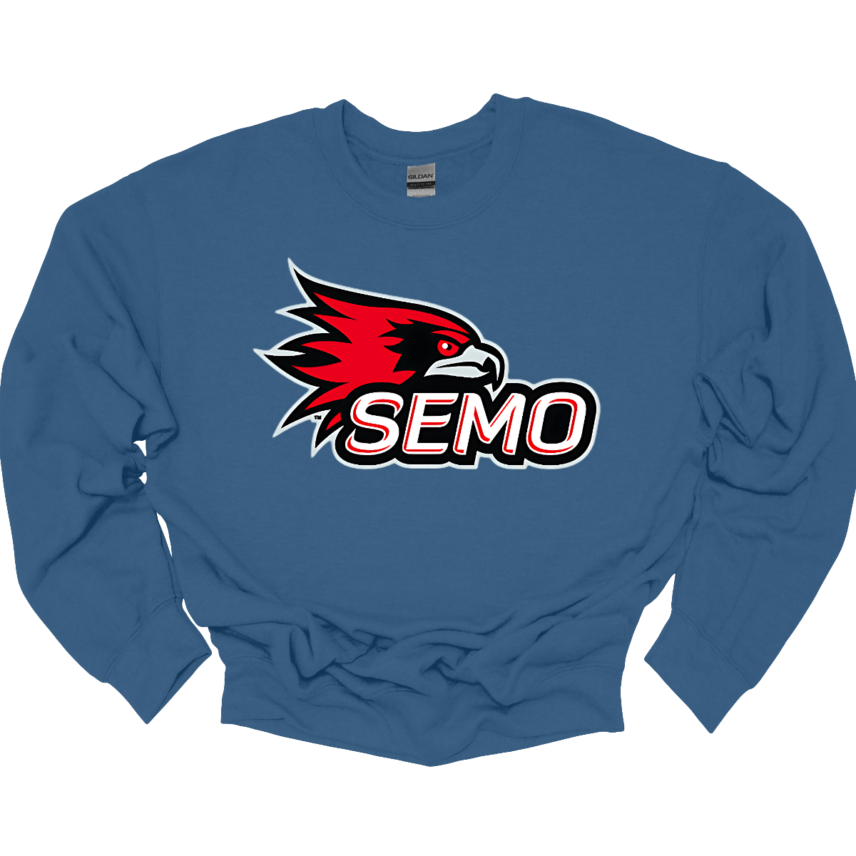 The apparel design for SEMO (Southeast Missouri State University) features the bold and iconic SEMO Redhawk logo prominently displayed across the chest or front. The Redhawk logo typically showcases a fierce red hawk in mid-flight or in a dynamic, stylized form, using shades of red, black, and white. Below this powerful symbol, the word "SEMO" is written in the university's signature font, often in all capital letters. Shop at Gorgeousware.com
