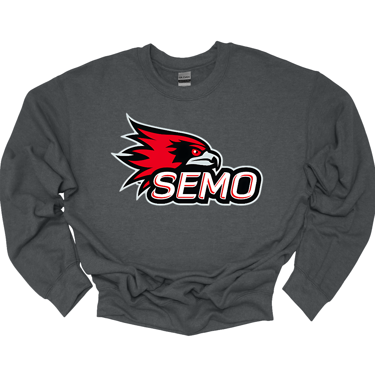 The apparel design for SEMO (Southeast Missouri State University) features the bold and iconic SEMO Redhawk logo prominently displayed across the chest or front. The Redhawk logo typically showcases a fierce red hawk in mid-flight or in a dynamic, stylized form, using shades of red, black, and white. Below this powerful symbol, the word "SEMO" is written in the university's signature font, often in all capital letters. Shop at Gorgeousware.com