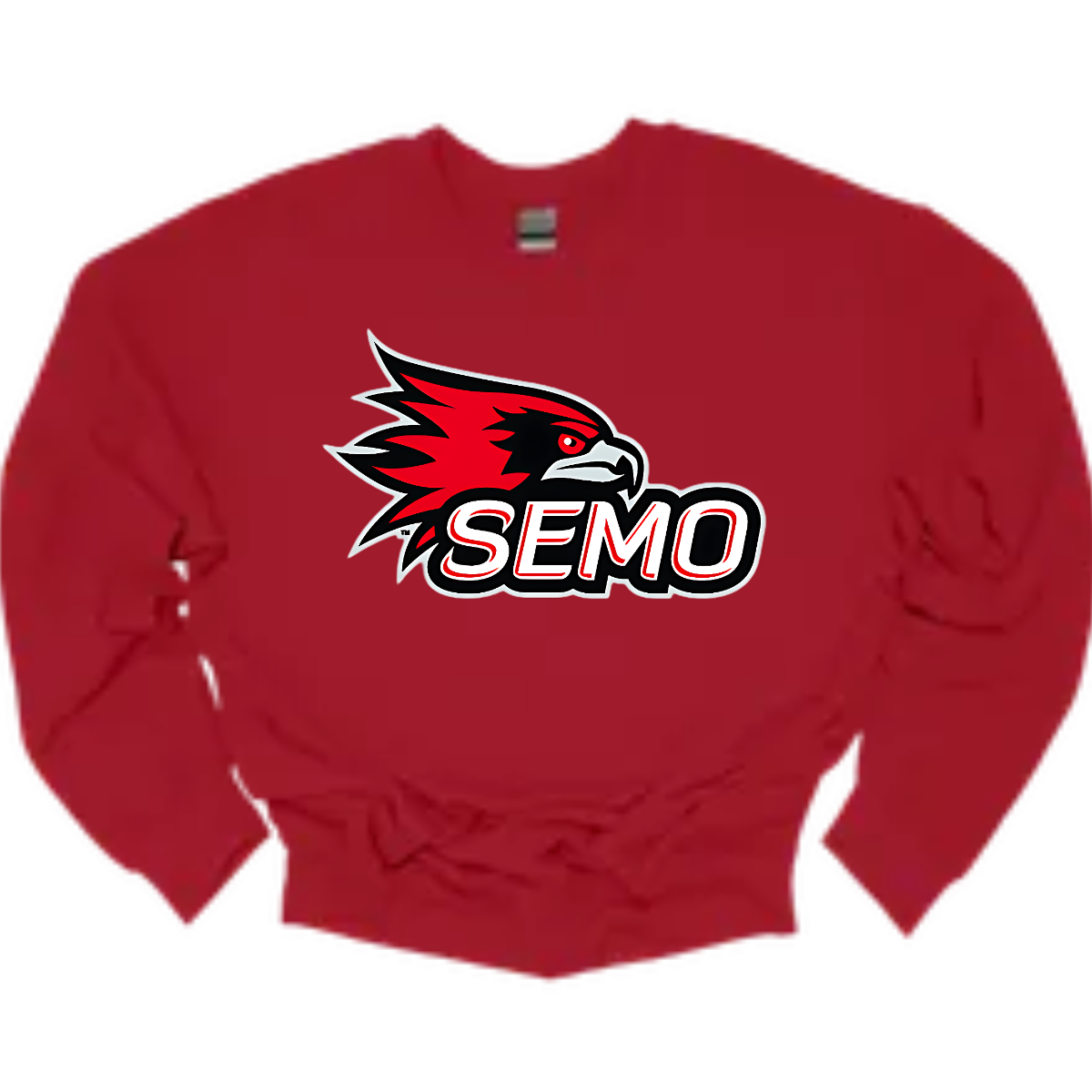 The apparel design for SEMO (Southeast Missouri State University) features the bold and iconic SEMO Redhawk logo prominently displayed across the chest or front. The Redhawk logo typically showcases a fierce red hawk in mid-flight or in a dynamic, stylized form, using shades of red, black, and white. Below this powerful symbol, the word "SEMO" is written in the university's signature font, often in all capital letters. Shop at Gorgeousware.com