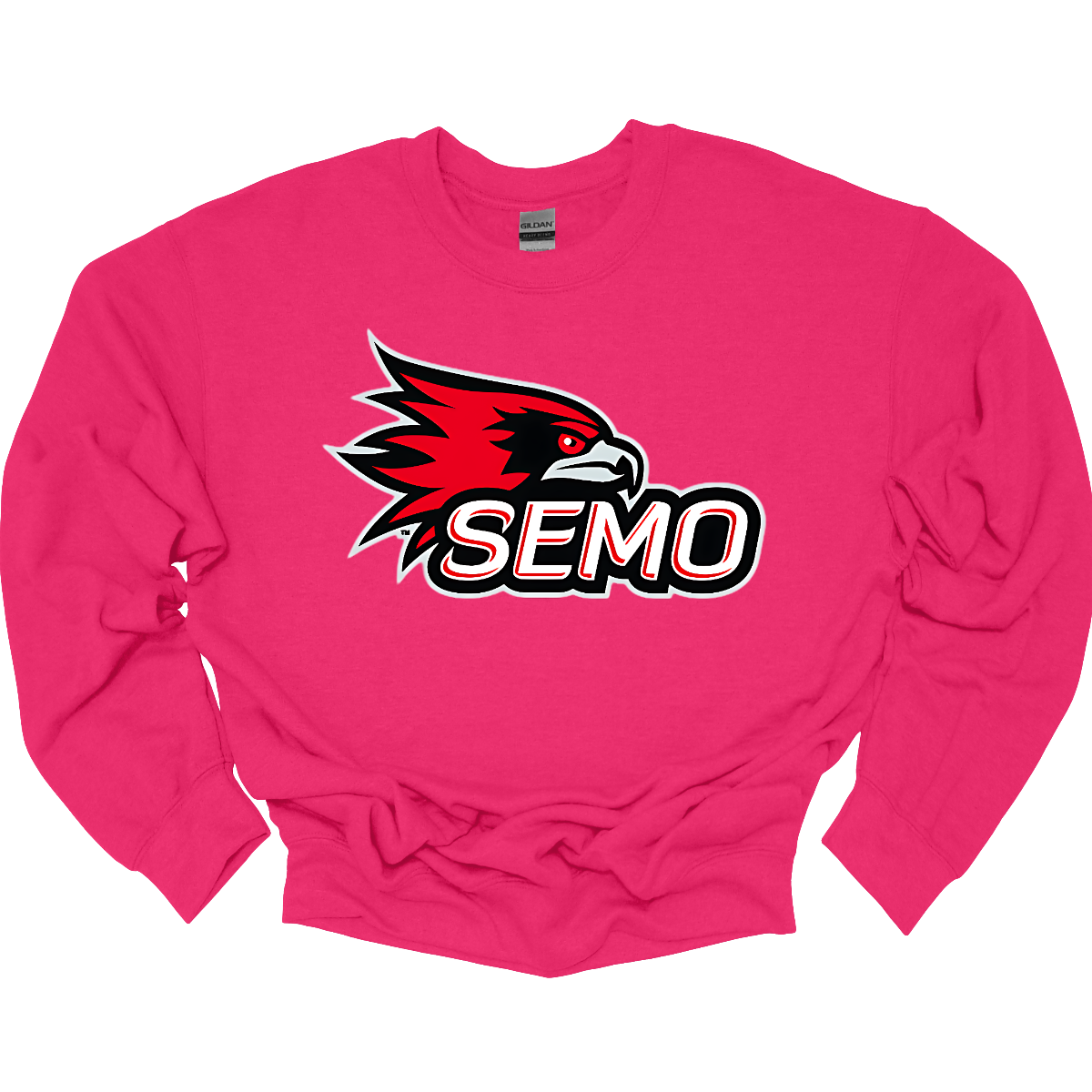The apparel design for SEMO (Southeast Missouri State University) features the bold and iconic SEMO Redhawk logo prominently displayed across the chest or front. The Redhawk logo typically showcases a fierce red hawk in mid-flight or in a dynamic, stylized form, using shades of red, black, and white. Below this powerful symbol, the word "SEMO" is written in the university's signature font, often in all capital letters. Shop at Gorgeousware.com