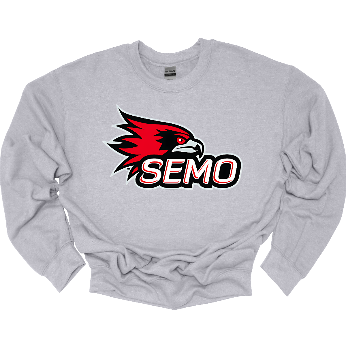 The apparel design for SEMO (Southeast Missouri State University) features the bold and iconic SEMO Redhawk logo prominently displayed across the chest or front. The Redhawk logo typically showcases a fierce red hawk in mid-flight or in a dynamic, stylized form, using shades of red, black, and white. Below this powerful symbol, the word "SEMO" is written in the university's signature font, often in all capital letters. Shop at Gorgeousware.com
