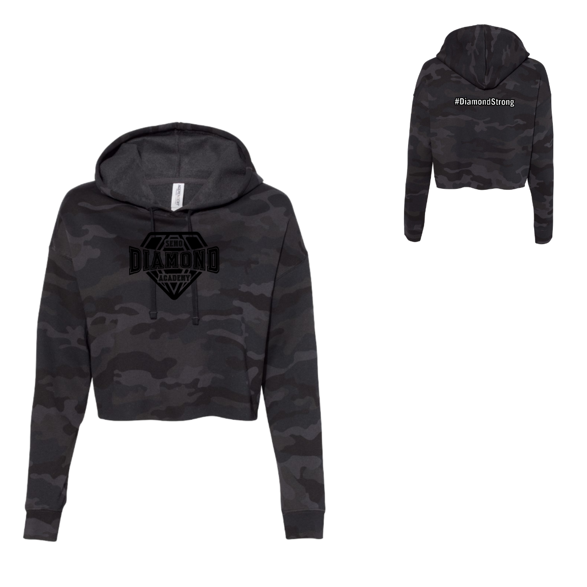 Black camo hoodie with '#DiamondStrong' text on a white background