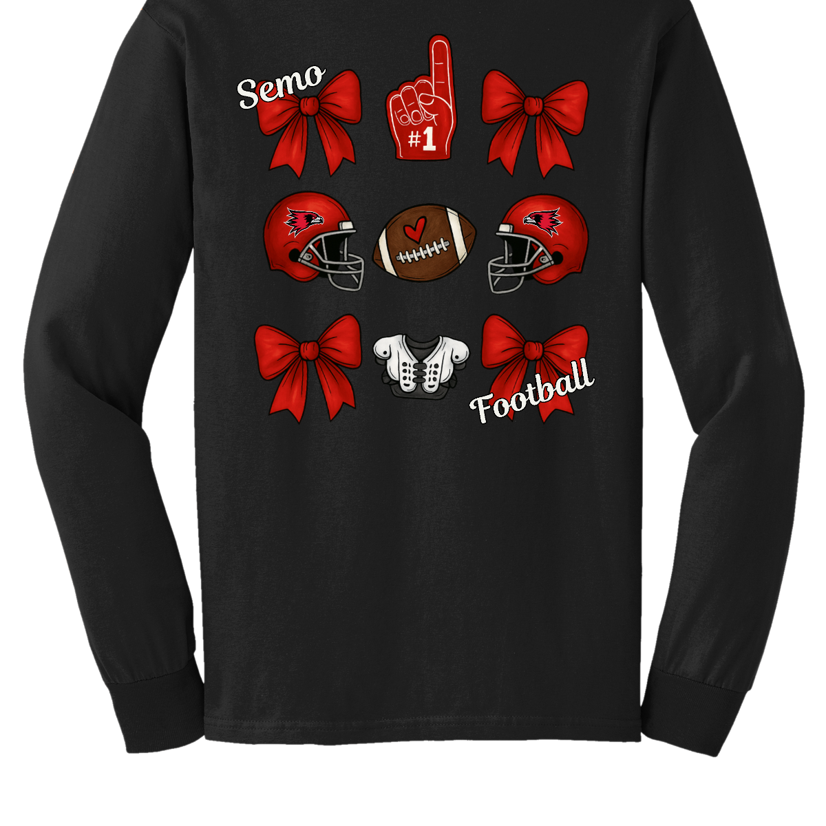 This SEMO Football Bow Grid design is available in short and long sleeve options.
Front Design: A chic red croquette bow sits on the upper left chest, accented with bold white “SEMO” lettering.
Back Design: A playful grid layout showcases an exciting mix of Redhawk game-day icons—red croquette bows, SEMO football helmets, sturdy shoulder pads, and the classic #1 foam hand—all celebrating SEMO’s winning spirit.
Shop at Gorgeousware.com today!