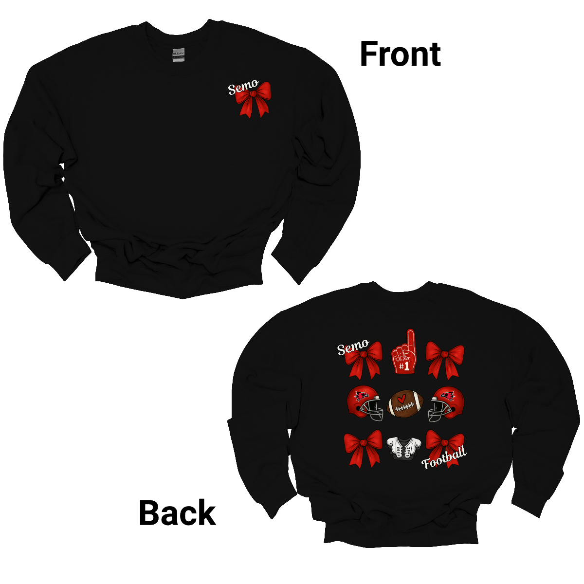 This SEMO Football Bow Grid design is available in youth sizes across short sleeve, long sleeve, crewneck, and hoodie options.
Front Design: A chic red croquette bow sits on the upper left chest, accented with bold white “SEMO” lettering.
Back Design: A playful grid layout showcases an exciting mix of Redhawk game-day icons—red croquette bows, SEMO football helmets, sturdy shoulder pads, and the classic #1 foam hand—all celebrating SEMO’s winning spirit.
Shop at Gorgeousware.com today!