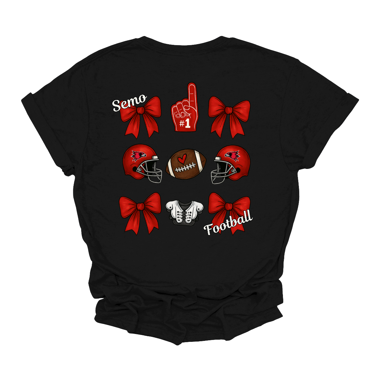 This SEMO Football Bow Grid design is available in short and long sleeve options.
Front Design: A chic red croquette bow sits on the upper left chest, accented with bold white “SEMO” lettering.
Back Design: A playful grid layout showcases an exciting mix of Redhawk game-day icons—red croquette bows, SEMO football helmets, sturdy shoulder pads, and the classic #1 foam hand—all celebrating SEMO’s winning spirit.
Shop at Gorgeousware.com today!