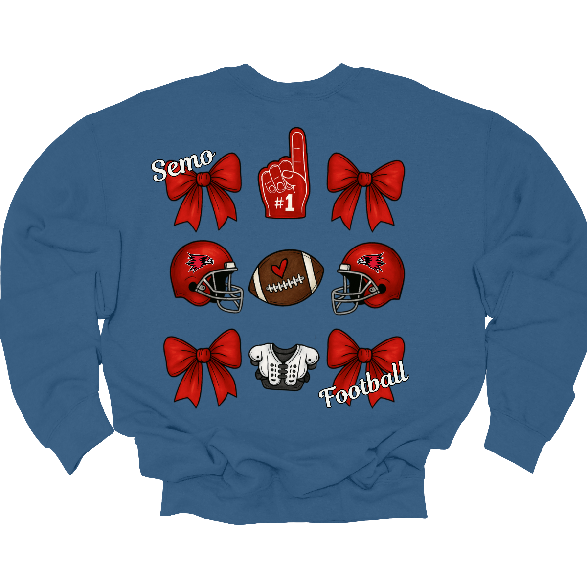 This SEMO Football Bow Grid design is available in crewneck, and hoodie options.
Front Design: A chic red croquette bow sits on the upper left chest, accented with bold white “SEMO” lettering.
Back Design: A playful grid layout showcases an exciting mix of Redhawk game-day icons—red croquette bows, SEMO football helmets, sturdy shoulder pads, and the classic #1 foam hand—all celebrating SEMO’s winning spirit.
Shop at Gorgeousware.com today!