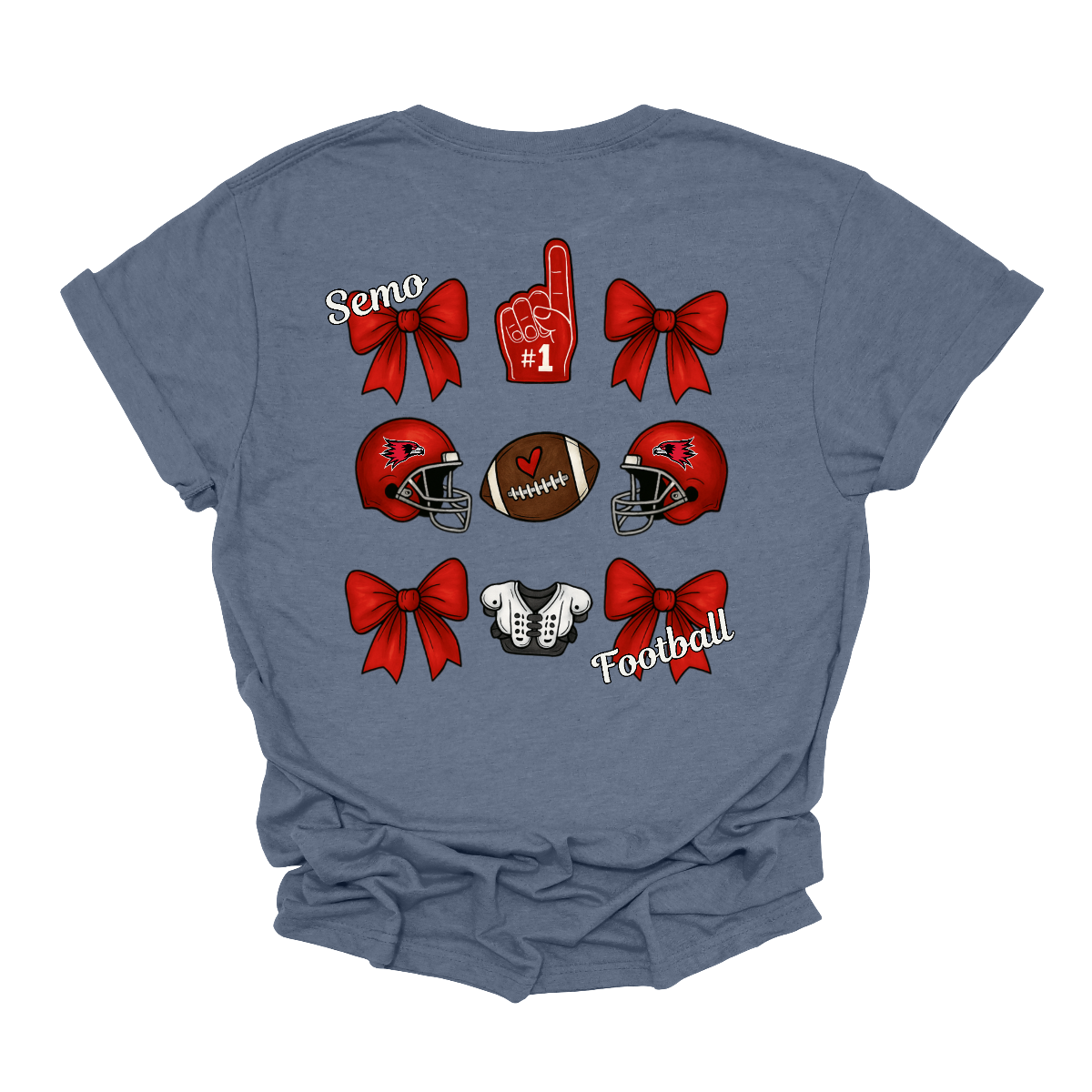 This SEMO Football Bow Grid design is available in short and long sleeve options.
Front Design: A chic red croquette bow sits on the upper left chest, accented with bold white “SEMO” lettering.
Back Design: A playful grid layout showcases an exciting mix of Redhawk game-day icons—red croquette bows, SEMO football helmets, sturdy shoulder pads, and the classic #1 foam hand—all celebrating SEMO’s winning spirit.
Shop at Gorgeousware.com today!