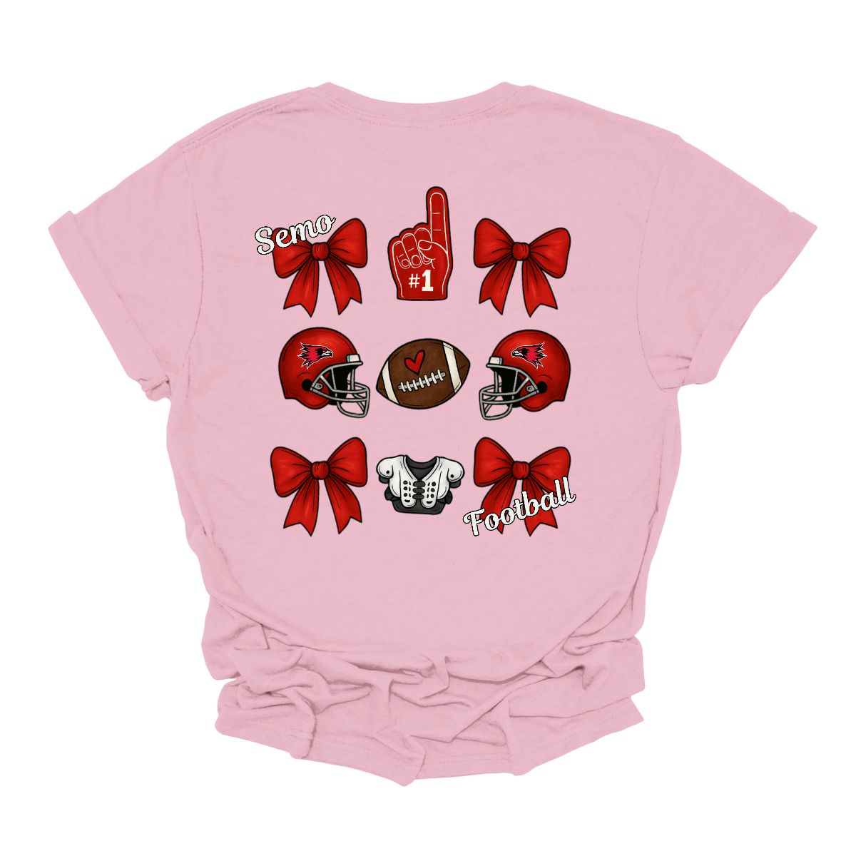 This SEMO Football Bow Grid design is available in short and long sleeve options.
Front Design: A chic red croquette bow sits on the upper left chest, accented with bold white “SEMO” lettering.
Back Design: A playful grid layout showcases an exciting mix of Redhawk game-day icons—red croquette bows, SEMO football helmets, sturdy shoulder pads, and the classic #1 foam hand—all celebrating SEMO’s winning spirit.
Shop at Gorgeousware.com today!