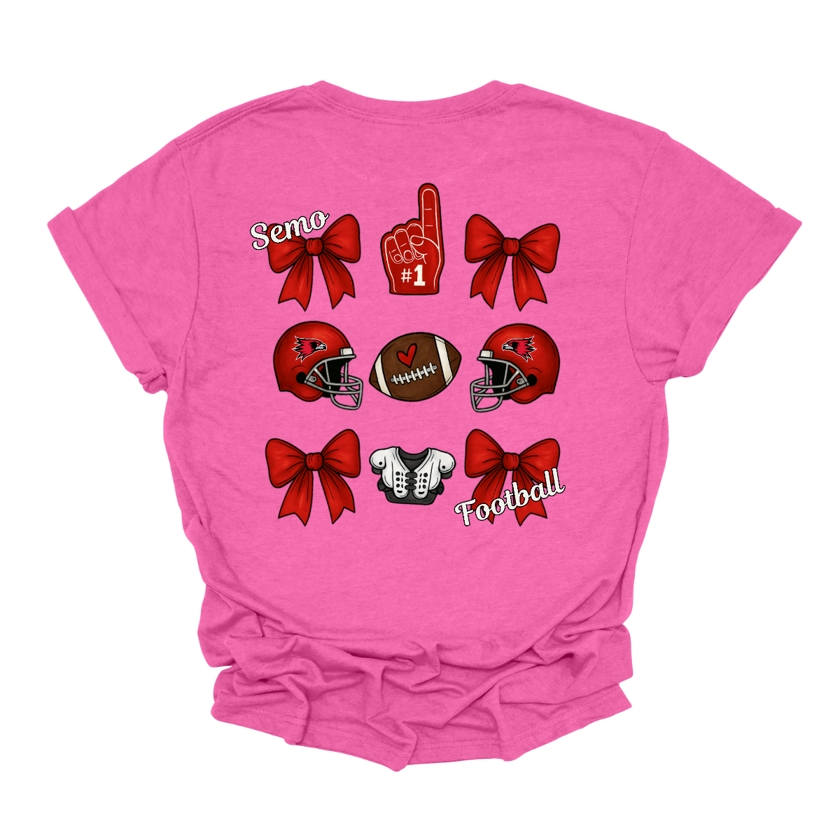 This SEMO Football Bow Grid design is available in short and long sleeve options.
Front Design: A chic red croquette bow sits on the upper left chest, accented with bold white “SEMO” lettering.
Back Design: A playful grid layout showcases an exciting mix of Redhawk game-day icons—red croquette bows, SEMO football helmets, sturdy shoulder pads, and the classic #1 foam hand—all celebrating SEMO’s winning spirit.
Shop at Gorgeousware.com today!