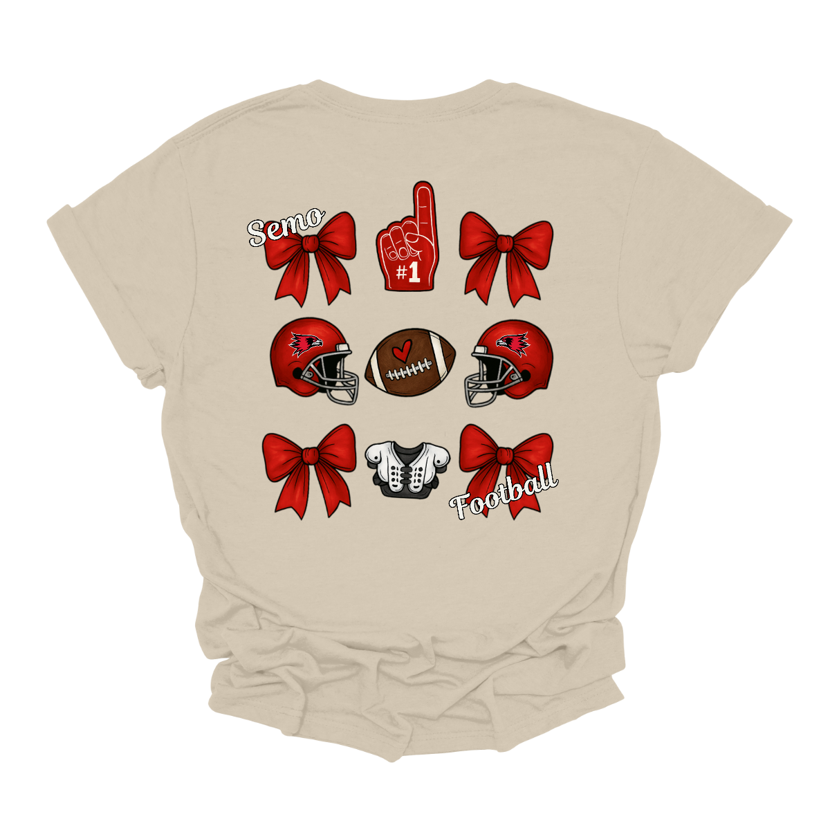 This SEMO Football Bow Grid design is available in short and long sleeve options.
Front Design: A chic red croquette bow sits on the upper left chest, accented with bold white “SEMO” lettering.
Back Design: A playful grid layout showcases an exciting mix of Redhawk game-day icons—red croquette bows, SEMO football helmets, sturdy shoulder pads, and the classic #1 foam hand—all celebrating SEMO’s winning spirit.
Shop at Gorgeousware.com today!