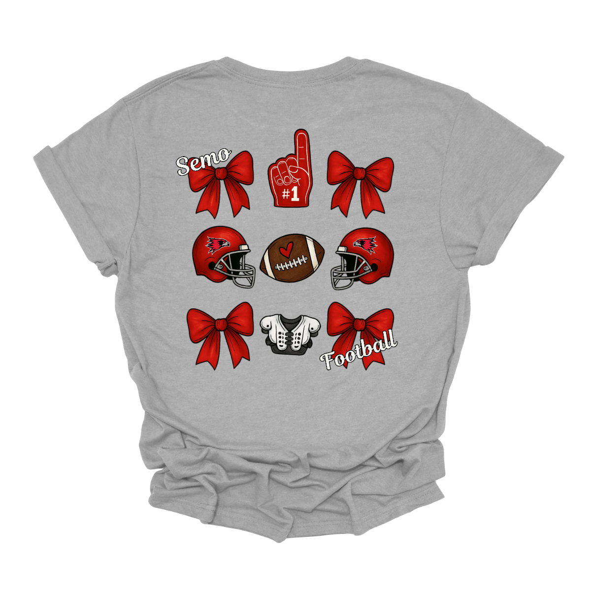 This SEMO Football Bow Grid design is available in short and long sleeve options.
Front Design: A chic red croquette bow sits on the upper left chest, accented with bold white “SEMO” lettering.
Back Design: A playful grid layout showcases an exciting mix of Redhawk game-day icons—red croquette bows, SEMO football helmets, sturdy shoulder pads, and the classic #1 foam hand—all celebrating SEMO’s winning spirit.
Shop at Gorgeousware.com today!