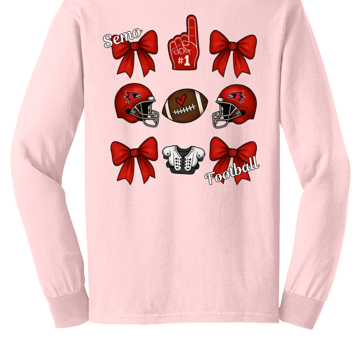 This SEMO Football Bow Grid design is available in short and long sleeve options.
Front Design: A chic red croquette bow sits on the upper left chest, accented with bold white “SEMO” lettering.
Back Design: A playful grid layout showcases an exciting mix of Redhawk game-day icons—red croquette bows, SEMO football helmets, sturdy shoulder pads, and the classic #1 foam hand—all celebrating SEMO’s winning spirit.
Shop at Gorgeousware.com today!