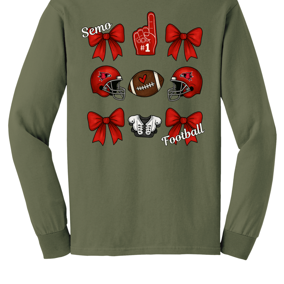 This SEMO Football Bow Grid design is available in short and long sleeve options.
Front Design: A chic red croquette bow sits on the upper left chest, accented with bold white “SEMO” lettering.
Back Design: A playful grid layout showcases an exciting mix of Redhawk game-day icons—red croquette bows, SEMO football helmets, sturdy shoulder pads, and the classic #1 foam hand—all celebrating SEMO’s winning spirit.
Shop at Gorgeousware.com today!