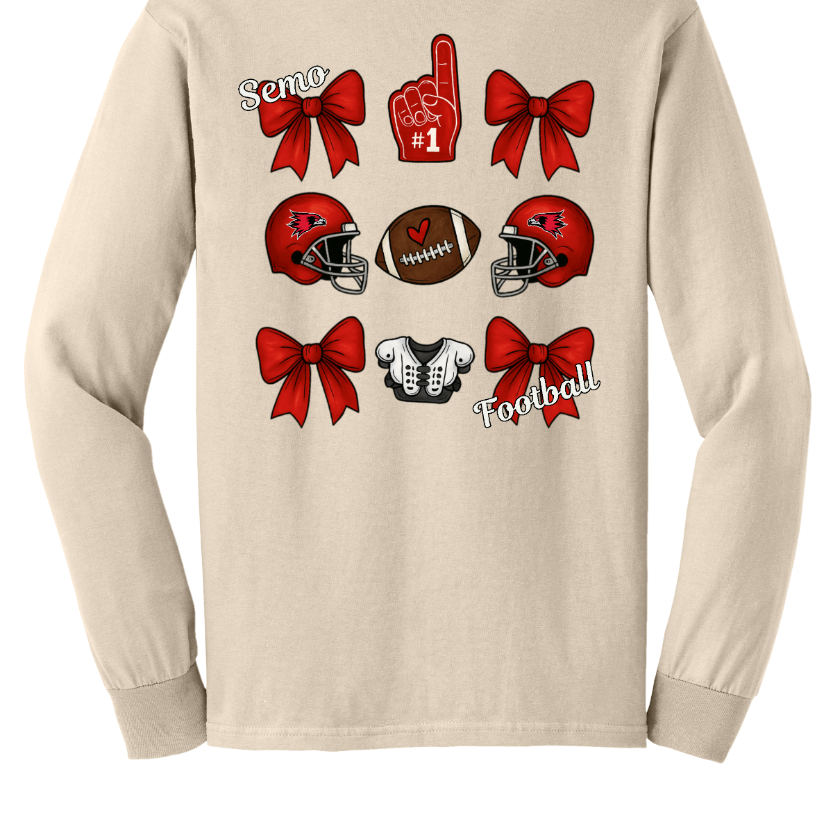 This SEMO Football Bow Grid design is available in short and long sleeve options.
Front Design: A chic red croquette bow sits on the upper left chest, accented with bold white “SEMO” lettering.
Back Design: A playful grid layout showcases an exciting mix of Redhawk game-day icons—red croquette bows, SEMO football helmets, sturdy shoulder pads, and the classic #1 foam hand—all celebrating SEMO’s winning spirit.
Shop at Gorgeousware.com today!
