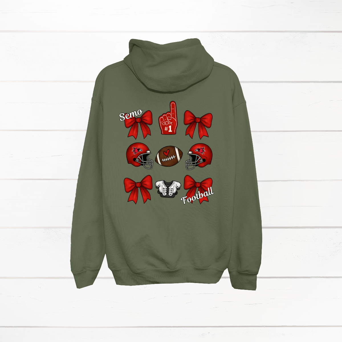 This SEMO Football Bow Grid design is available in crewneck, and hoodie options.
Front Design: A chic red croquette bow sits on the upper left chest, accented with bold white “SEMO” lettering.
Back Design: A playful grid layout showcases an exciting mix of Redhawk game-day icons—red croquette bows, SEMO football helmets, sturdy shoulder pads, and the classic #1 foam hand—all celebrating SEMO’s winning spirit.
Shop at Gorgeousware.com today!
