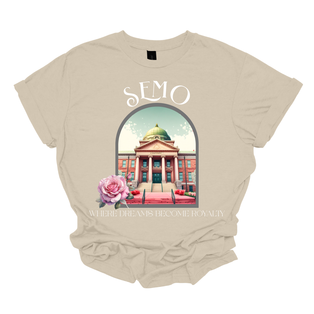 Natural t-shirt with a graphic of a building and flowers, featuring the text 'SEMO' and 'Where Dreams Become Reality'. Shop at Gorgeousware.com