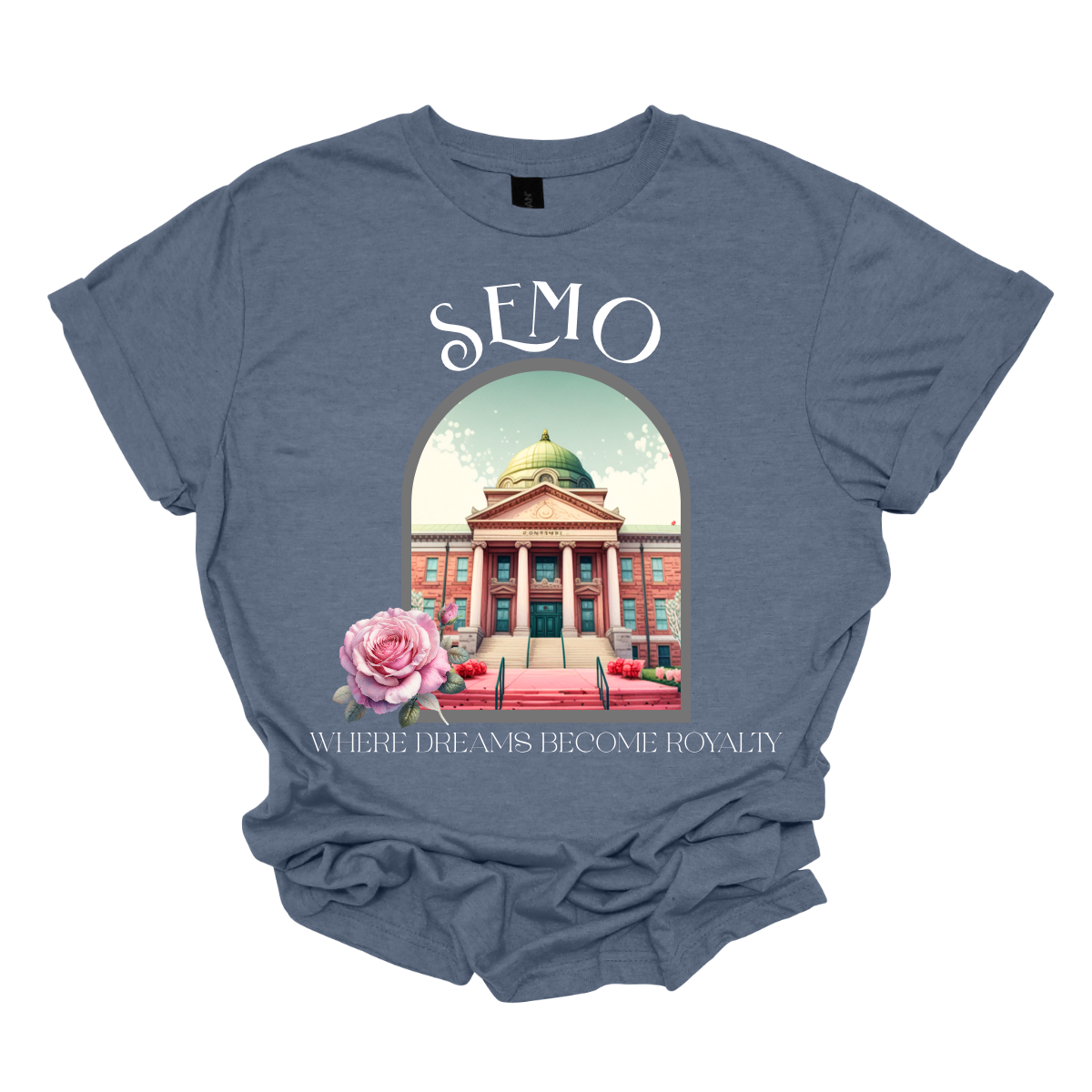 Indigo Blue t-shirt with a graphic of a building and flowers, featuring the text 'SEMO' and 'Where Dreams Become Reality'. Shop at Gorgeousware.com