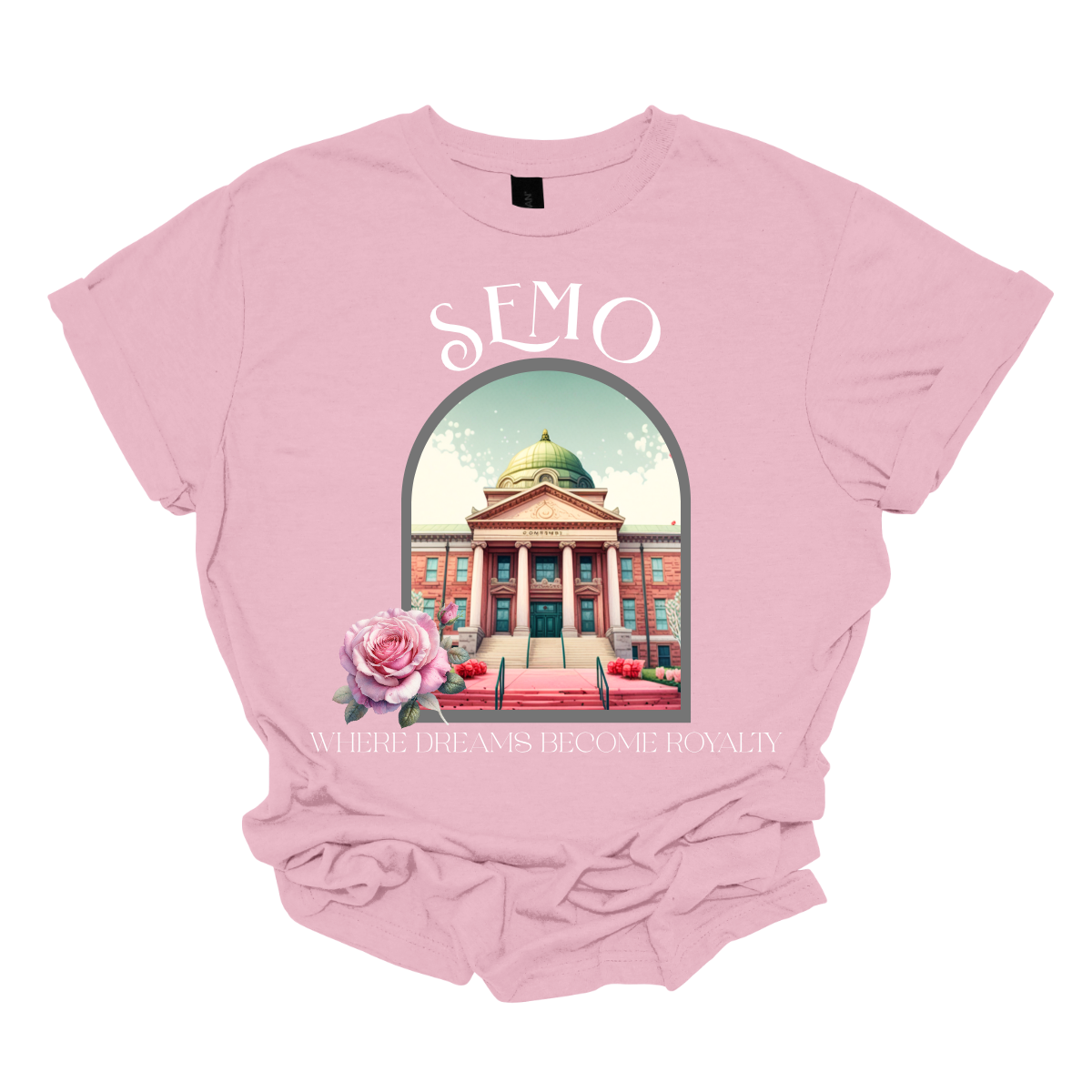Light Pink t-shirt with a graphic of a building and flowers, featuring the text 'SEMO' and 'Where Dreams Become Reality'. Shop at Gorgeousware.com