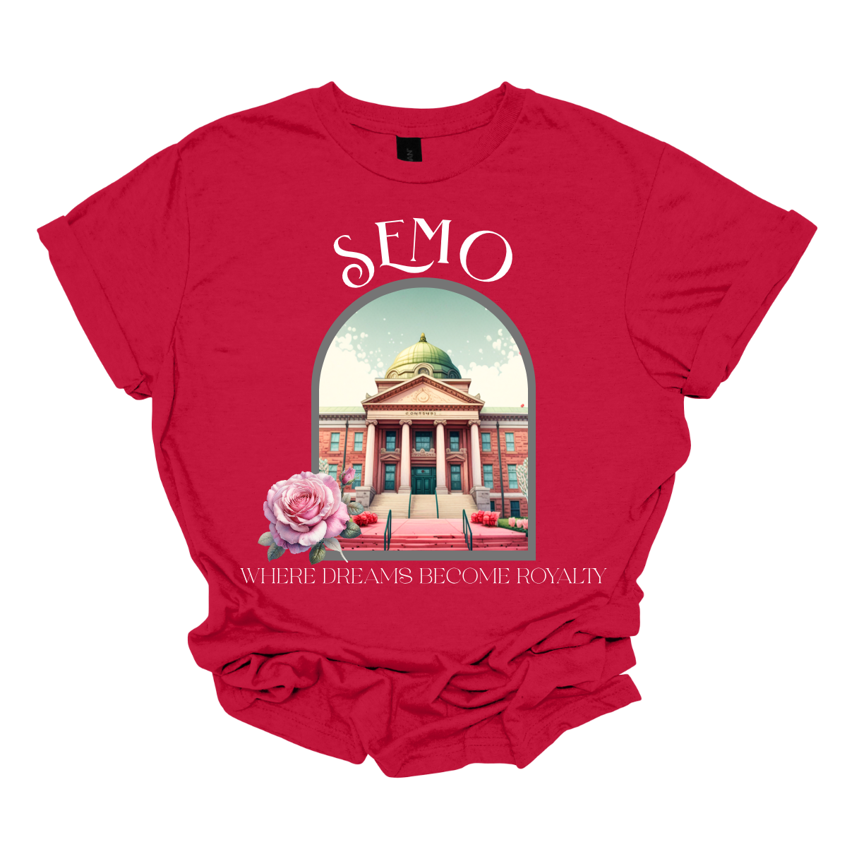 Red t-shirt with a graphic of a building and flowers, featuring the text 'SEMO' and 'Where Dreams Become Reality'. Shop at Gorgeousware.com