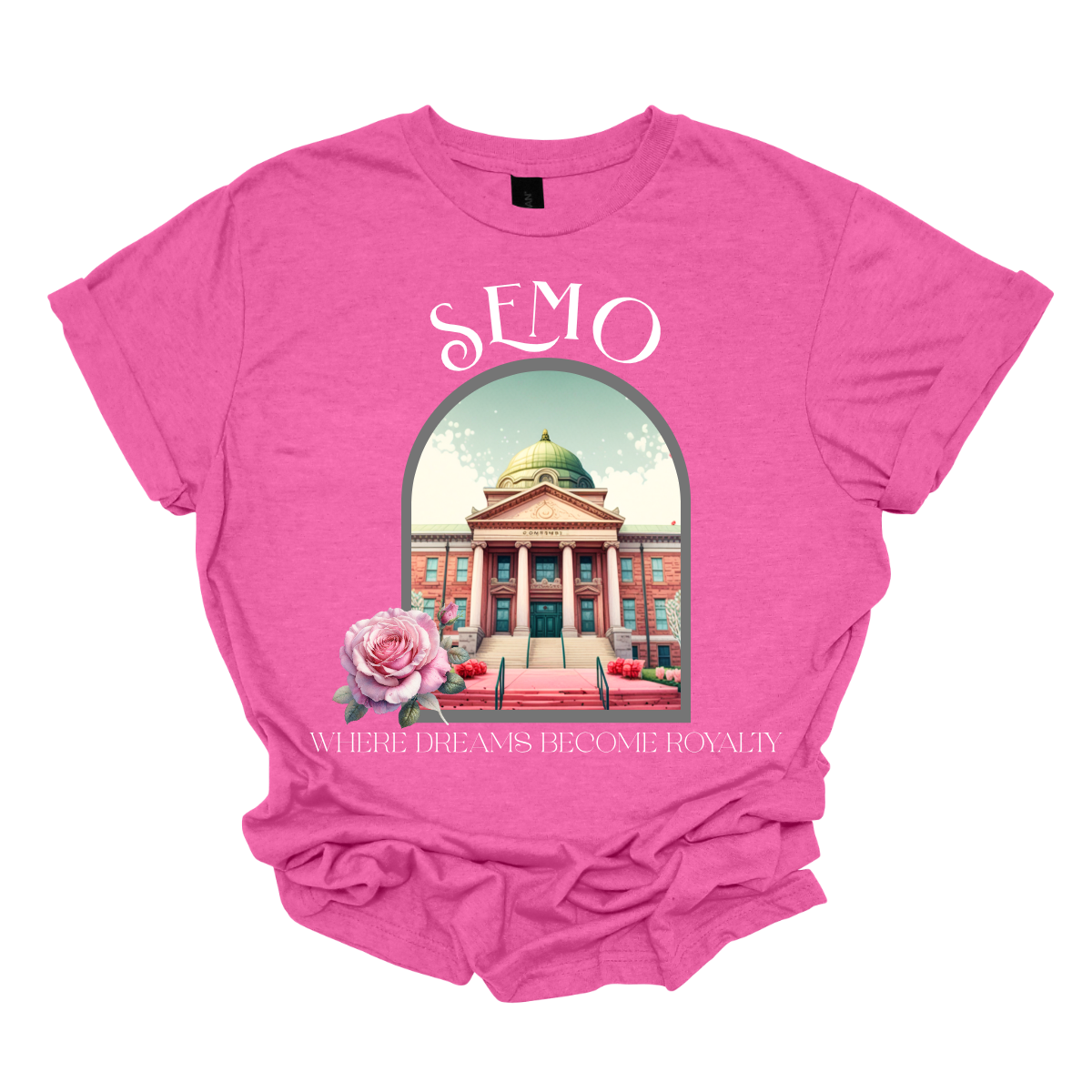 Heliconia t-shirt with a graphic of a building and flowers, featuring the text 'SEMO' and 'Where Dreams Become Reality'. Shop at Gorgeousware.com