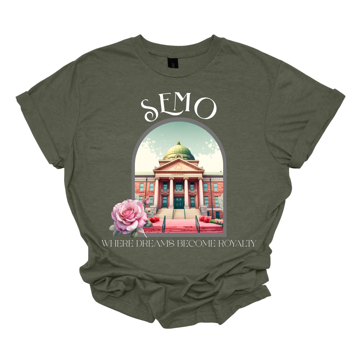 Green t-shirt with a graphic of a building and flowers, featuring the text 'SEMO' and 'Where Dreams Become Reality'. Shop at Gorgeousware.com