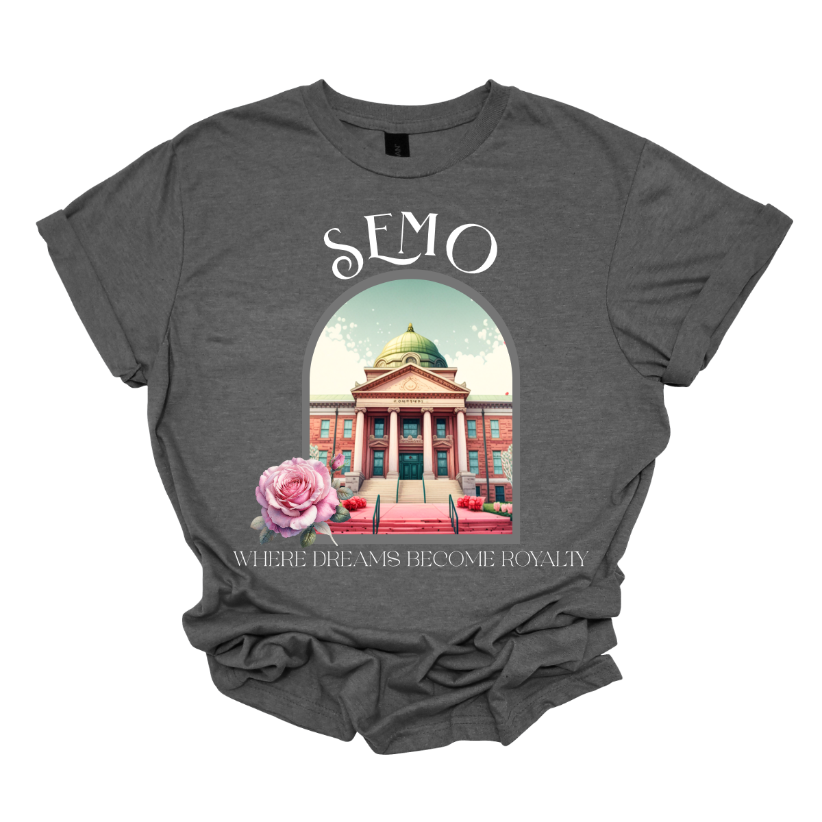 Charcoal t-shirt with a graphic of a building and flowers, featuring the text 'SEMO' and 'Where Dreams Become Reality'. Shop at Gorgeousware.com