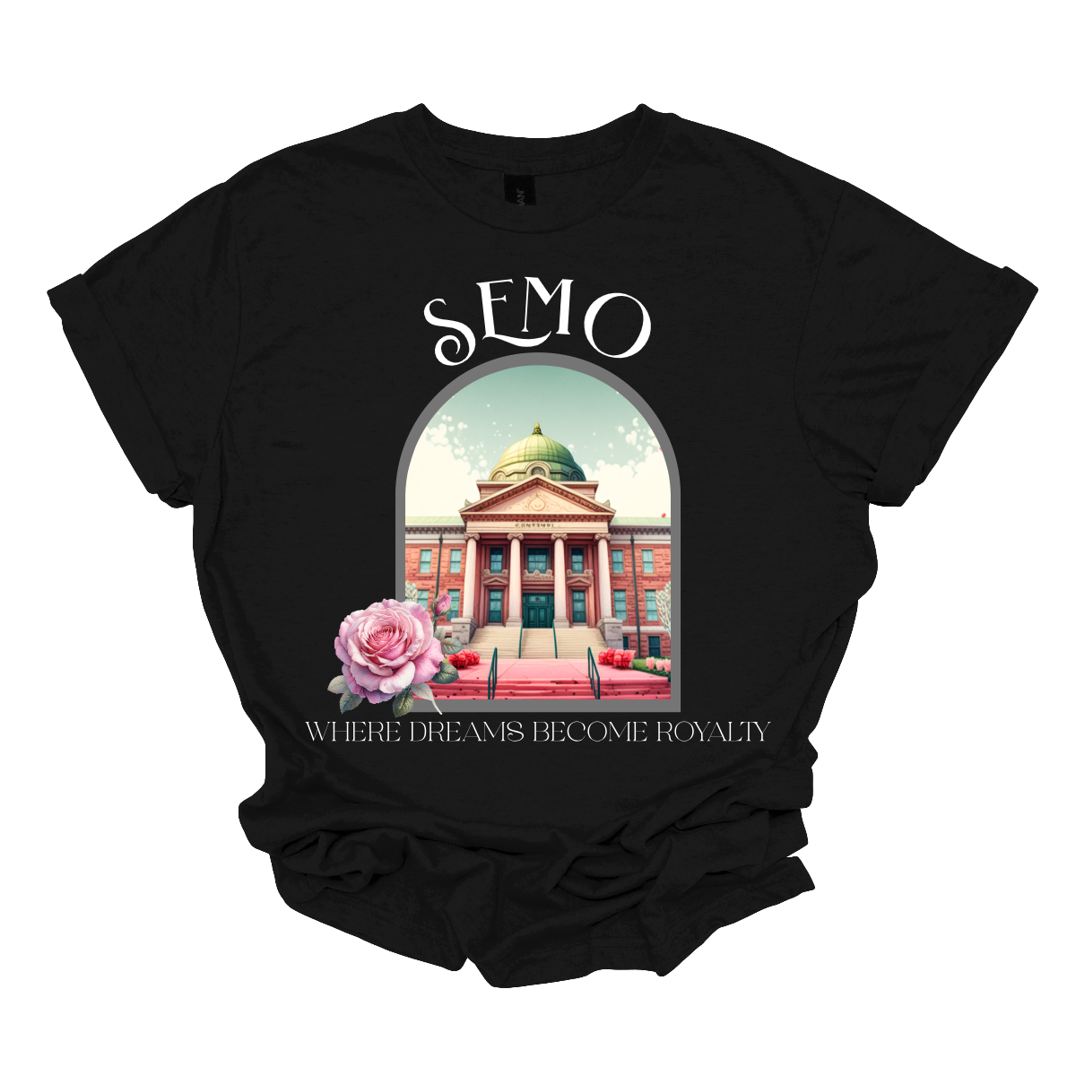 Black t-shirt with a graphic of a building and flowers, featuring the text 'SEMO' and 'Where Dreams Become Reality'. Shop at Gorgeousware.com