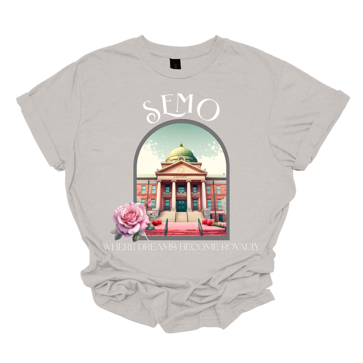 Light gray t-shirt with a graphic of a building and flowers, featuring the text 'SEMO' and 'Where Dreams Become Reality'. Shop at Gorgeousware.com