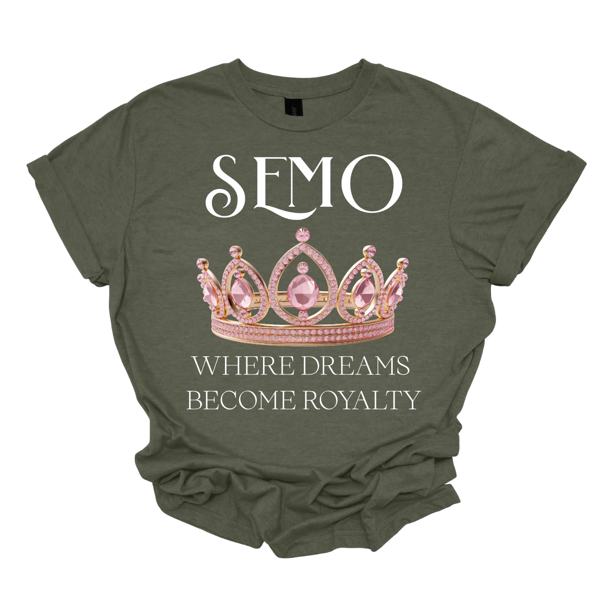 Green t-shirt with a pink tiara graphic and text on a white background that says "SEMO - Where dreams become royalty". Shop at Gorgeousware.com