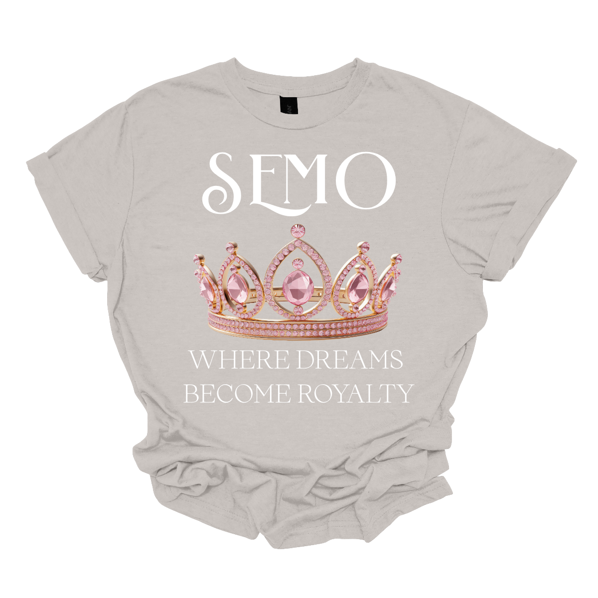 Sport gray t-shirt with a pink tiara graphic and text on a white background that says "SEMO - Where dreams become royalty". Shop at Gorgeousware.com