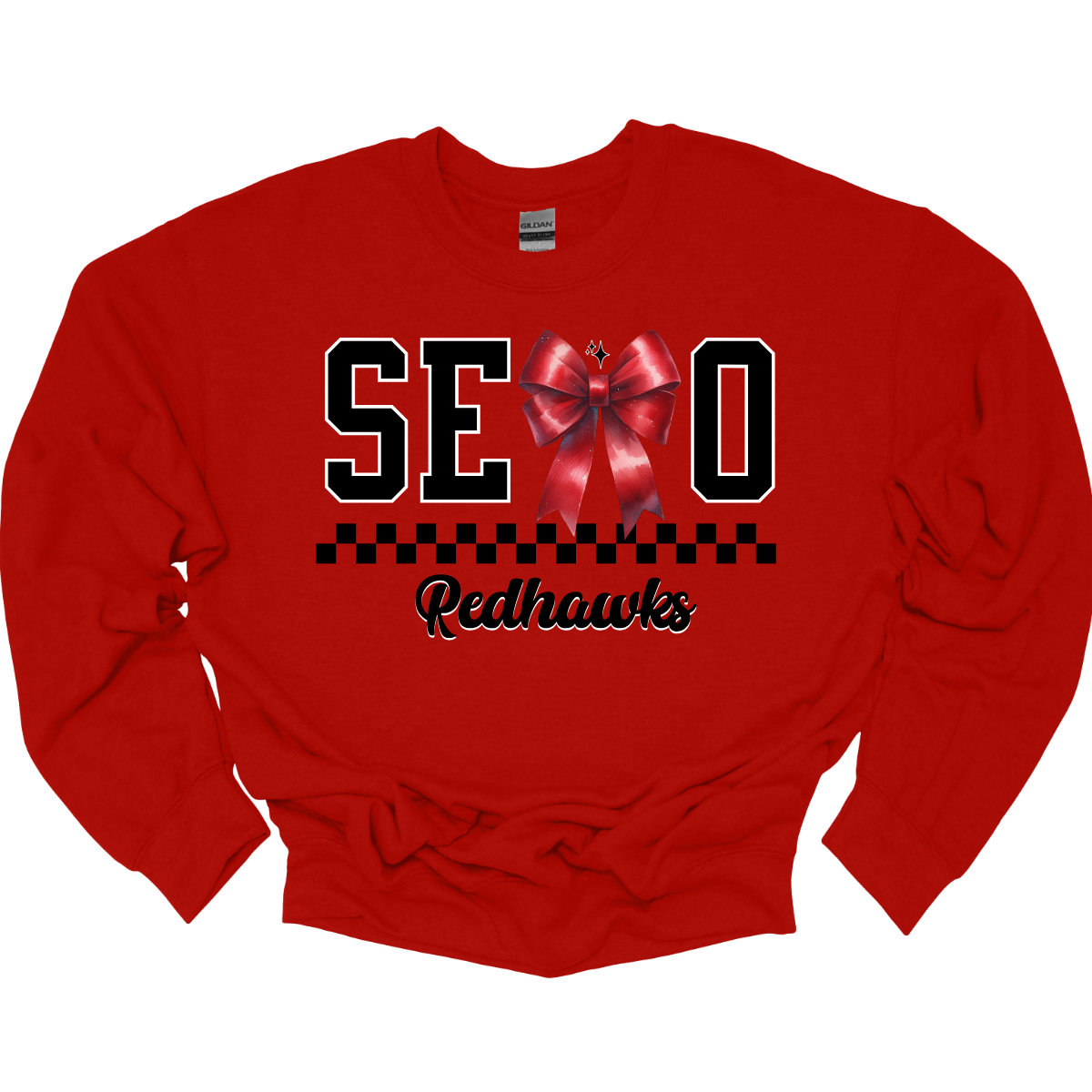 Show off your SEMO pride in style with this trendy apparel for youth! This shirt features bold letters” SEMO,” where the "M" is cleverly replaced by a stylish red croquette bow, this shirt adds a unique twist to your wardrobe. Underneath, a playful checkerboard stripe adds a fun touch, while "Redhawks" is elegantly written in a cute cursive font. Get ready to turn heads and express your school spirit! Shop at Gorgeousware.com today!