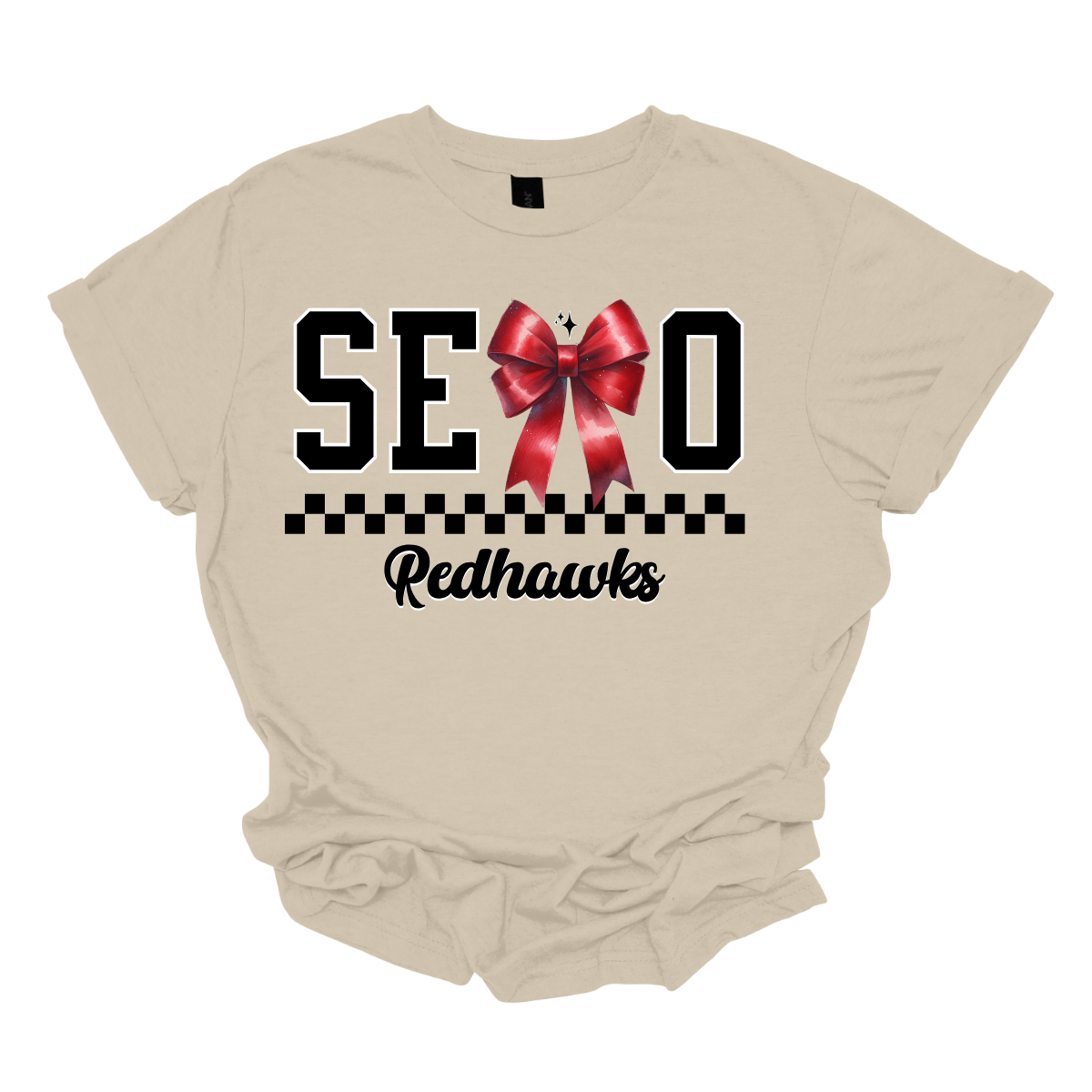 Show off your SEMO pride in style with this trendy apparel for youth! This shirt features bold letters” SEMO,” where the "M" is cleverly replaced by a stylish red croquette bow, this shirt adds a unique twist to your wardrobe. Underneath, a playful checkerboard stripe adds a fun touch, while "Redhawks" is elegantly written in a cute cursive font. Get ready to turn heads and express your school spirit! Shop at Gorgeousware.com today!