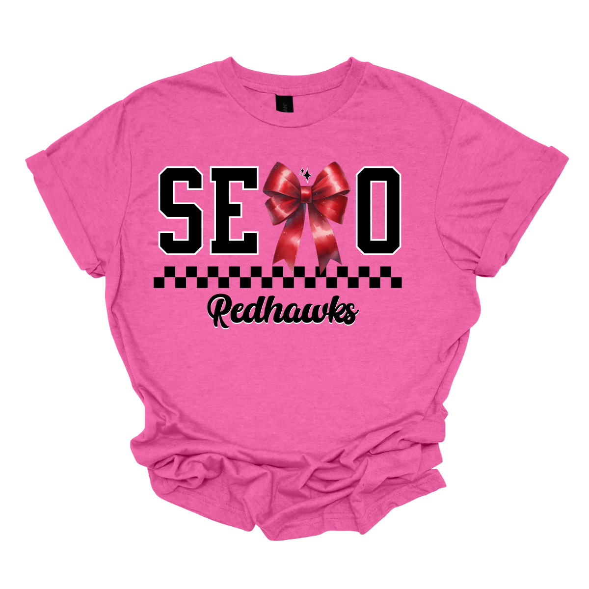 Show off your SEMO pride in style with this trendy apparel for youth! This shirt features bold letters” SEMO,” where the "M" is cleverly replaced by a stylish red croquette bow, this shirt adds a unique twist to your wardrobe. Underneath, a playful checkerboard stripe adds a fun touch, while "Redhawks" is elegantly written in a cute cursive font. Get ready to turn heads and express your school spirit! Shop at Gorgeousware.com today!