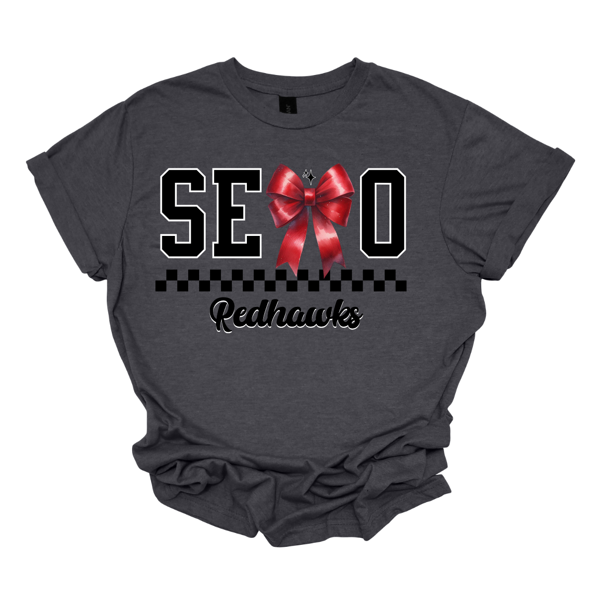 Show off your SEMO pride in style with this trendy apparel for youth! This shirt features bold letters” SEMO,” where the "M" is cleverly replaced by a stylish red croquette bow, this shirt adds a unique twist to your wardrobe. Underneath, a playful checkerboard stripe adds a fun touch, while "Redhawks" is elegantly written in a cute cursive font. Get ready to turn heads and express your school spirit! Shop at Gorgeousware.com today!