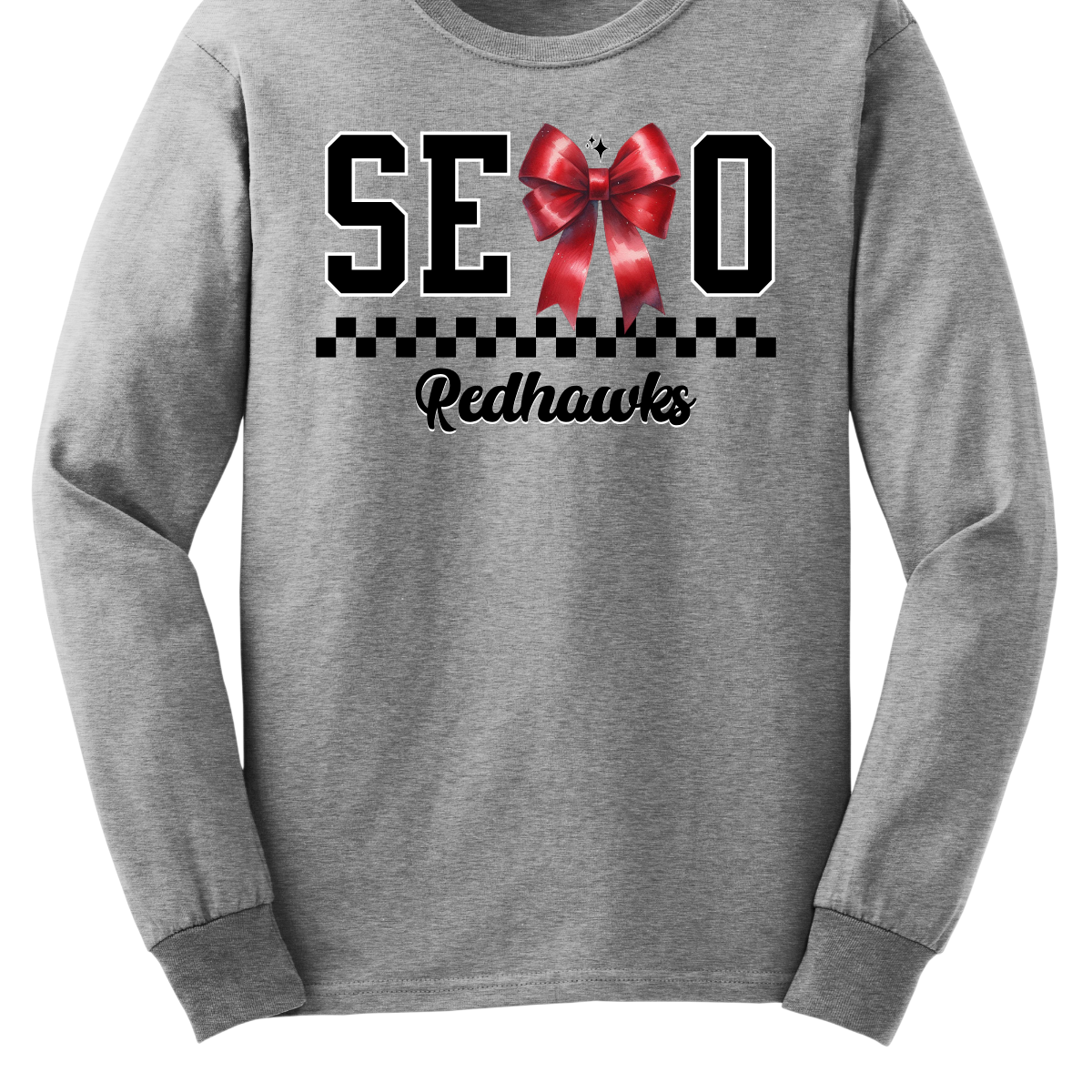 Show off your SEMO pride in style with this trendy apparel for youth! This shirt features bold letters” SEMO,” where the "M" is cleverly replaced by a stylish red croquette bow, this shirt adds a unique twist to your wardrobe. Underneath, a playful checkerboard stripe adds a fun touch, while "Redhawks" is elegantly written in a cute cursive font. Get ready to turn heads and express your school spirit! Shop at Gorgeousware.com today!